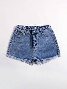 SHEIN ICON 夏季水洗无弹力休闲毛边短裤 - 中等水洗藍 - 查看 3