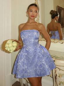 Glamine Charm Elegant Light Blue Floral Summer Party Dress, 3D Embossed Pattern Strapless Sleeveless Dress Women,Cocktail Wedding Guest Reception Outfit - Blue - View 6