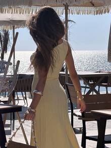 DAZY 女士度假风沙滩黄色紧身吊带针织连衣裙 - 淡黃色 - 查看 5