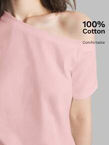 Ontre 2026春夏女式不对称肩短袖T恤，休闲都市时尚优雅不对称领口T恤，适合办公室、教师、婚礼宾客、度假、商务休闲等场合，百搭单品 - 粉色 - 查看 6