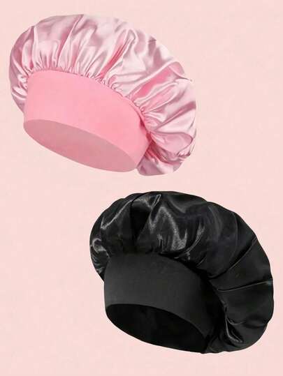 1PC Silk Sleep Cap Satin Bonnet Soft Elastic Band Hair Wrap For Women Black Pink Blue Champagne Home Bath Decor Summer Back To School Classic Solid Color Curly Waves Wide Brim Stretchy Satin Hat For Ladies Night Hair Care Gift