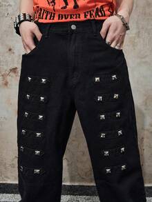 ROMWE MEN Street Life Calça jeans masculina com detalhes de rebites - Preto - Ver 2