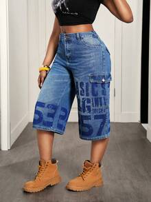 Slaydiva 女士休闲字母印花牛仔裤 - 藍色 - 查看 3