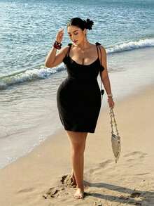 Sunnyshic Plus Size Women's 3D Rose Decor Spaghetti Strap Mini Dress,Black,Summer,Beach,Vacation,Holiday Bodycon Backless Ruched Party Cocktail Dress - Black - View 6