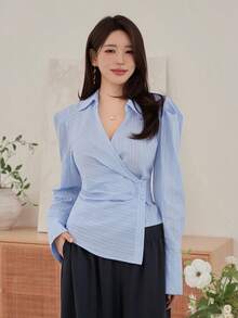 DAZY Women's Casual Striped Asymmetric Blouse For Spring Summer - Blue - View 9