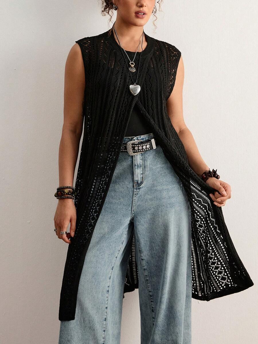 Freevana 法式镂空吊带连衣裙，轻薄针织外套，夏季薄款外衣，独特设计 - 黑色 - 查看 1