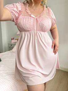 Slumberry CURVE Sweet Ins Lace Patchwork Doll Style Bubble Wrinkle Plus Size Short A-Line Nightgown - Pink - View 4