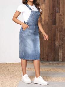 EMERY ROSE Plus Size Solid Color Minimalist Casual Denim Dress - Blue - View 6