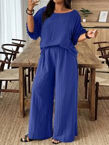 EMERY ROSE Plus Size Casual Solid Color Shirt And Pants 2 Pieces Set - Royal Blue - View 3