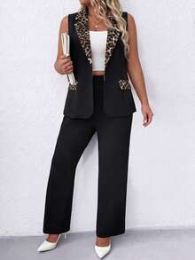 Elenzga Plus Size Women's Leopard Print Sleeveless Lapel Blazer And Straight Leg Pants 2 Pieces Set, Suitable For Spring/Summer Office Wear - Black - View 6