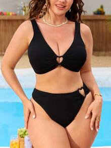 Swim Mod Plus Size Women's Solid Color Textured Halter Neck Front Heart Decor Triangle Bikini Set Set - Black - View 3