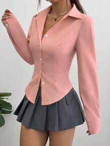 Flirla 女士休闲纯色简约纽扣衬衫 - 珊瑚粉 - 查看 3