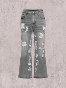 Embroidered Flared Jeans, Men's Denim Jeans With Embroidered Letters, Slim Fit Flare Leg Jeans, Distressed Flare Leg Jeans With Patches, Y2K Stacked Washed Jeans, Contrast Washed Patched Jeans, Suitable For All Seasons - Grey - View 2