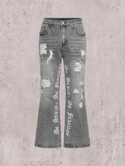 Skyrend Embroidered Flared Jeans, Men's Denim Jeans With Embroidered Letters, Slim Fit Flare Leg Jeans, Distressed Flare Leg Jeans With Patches, Y2K Stacked Washed Jeans, Contrast Washed Patched Jeans, Suitable For All Seasons