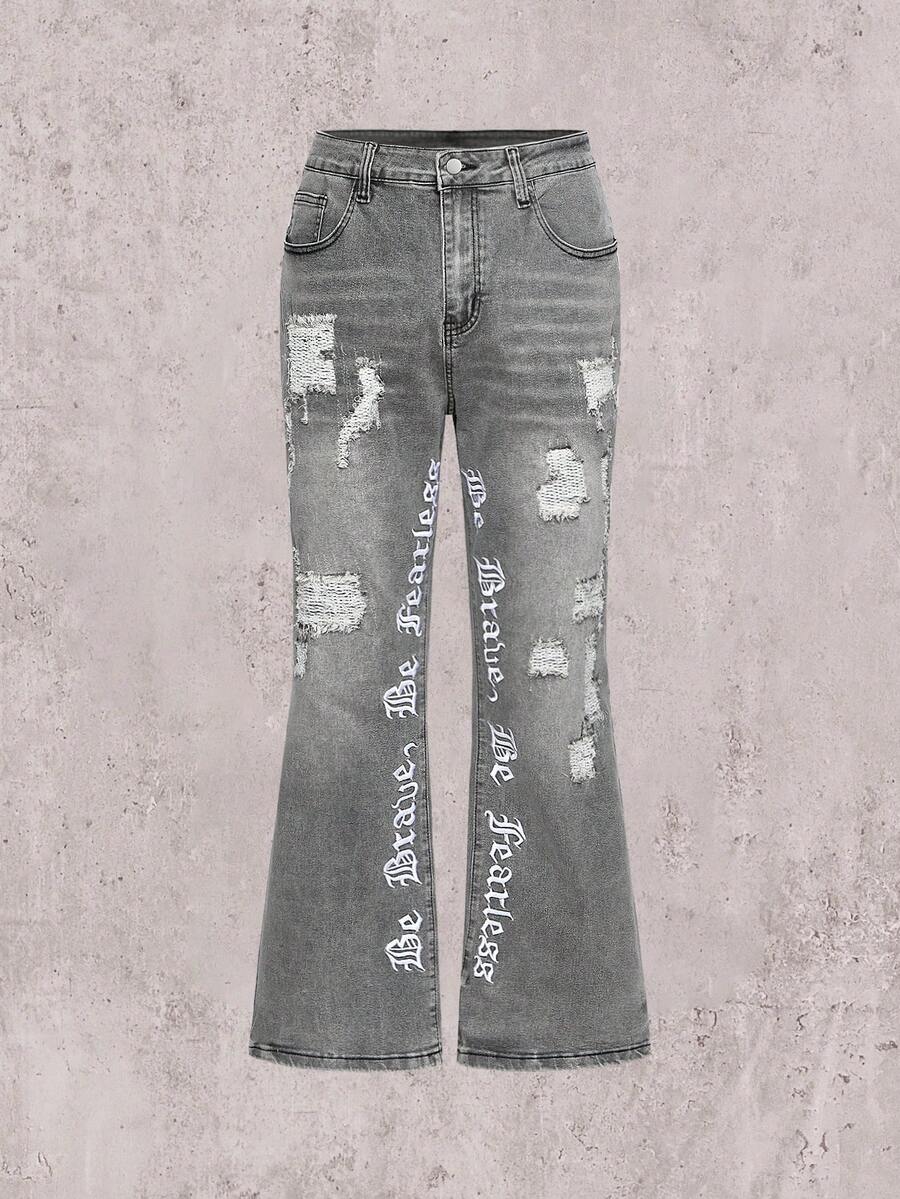 Embroidered Flared Jeans, Men's Denim Jeans With Embroidered Letters, Slim Fit Flare Leg Jeans, Distressed Flare Leg Jeans With Patches, Y2K Stacked Washed Jeans, Contrast Washed Patched Jeans, Suitable For All Seasons