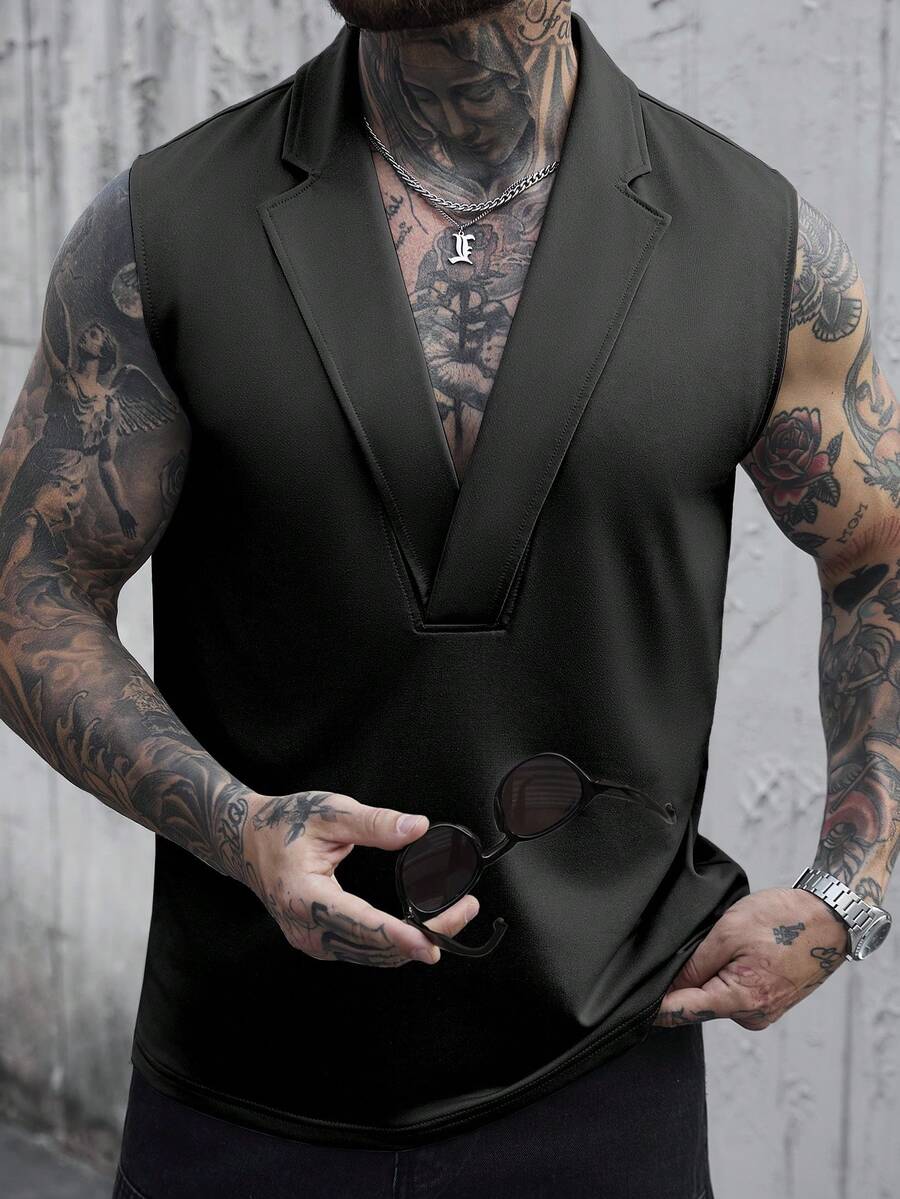 Manfinity CasualCool Men's Casual Versatile Turndown Collar Solid Color Tank Top, Suitable For Daily Commute, Holiday - Black - View 1