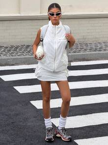 Muchica Summmer Woven Lightweight Sleeveless Jacket And Skirt Casual Streetwear Sportswear Set, Suitable For Outdoor Sun Protection. Ytk Clothes Trending Outfit Pinterest Outfit Ootd Outfit For Women Yatch Outfit White For Women Klkxmyt Women Fashion Clothes Zoey Outfit Yk Outfits Outfits Women Set ,Vacation Outfits Women Day Time - White - View 5