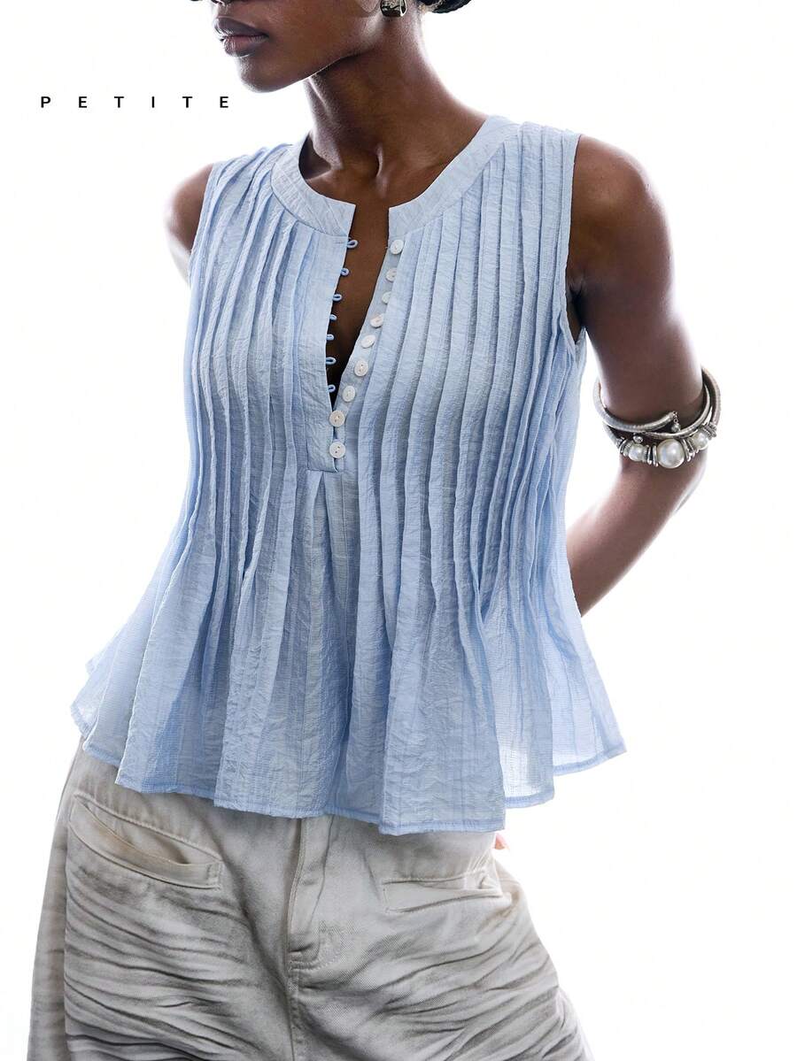 LYSMO Petite Women's Summer Casual Vacation Daily Commute Solid Color Half-Button Front Pleated Sleeveless Tank Top - Blue - View 1