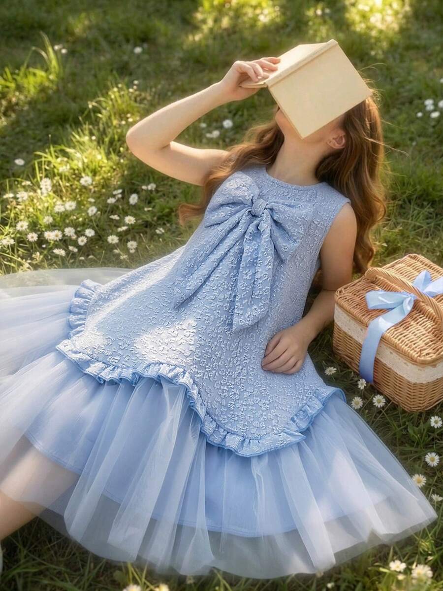 優雅淺藍色夏季女童洋裝,無袖刺繡薄紗裙配蝴蝶結,百褶網紗裙,適合野餐、生日派對與花童穿著 - 藍色 - 查看 1