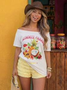 ROMWE Avant Watercolor Fruit Drink Tropical Leaves Hibiscus Floral Coconut Pineapple Pomegranate Loose Asymmetrical Shoulder T-Shirt Summer Golf White Sexy - White - View 1