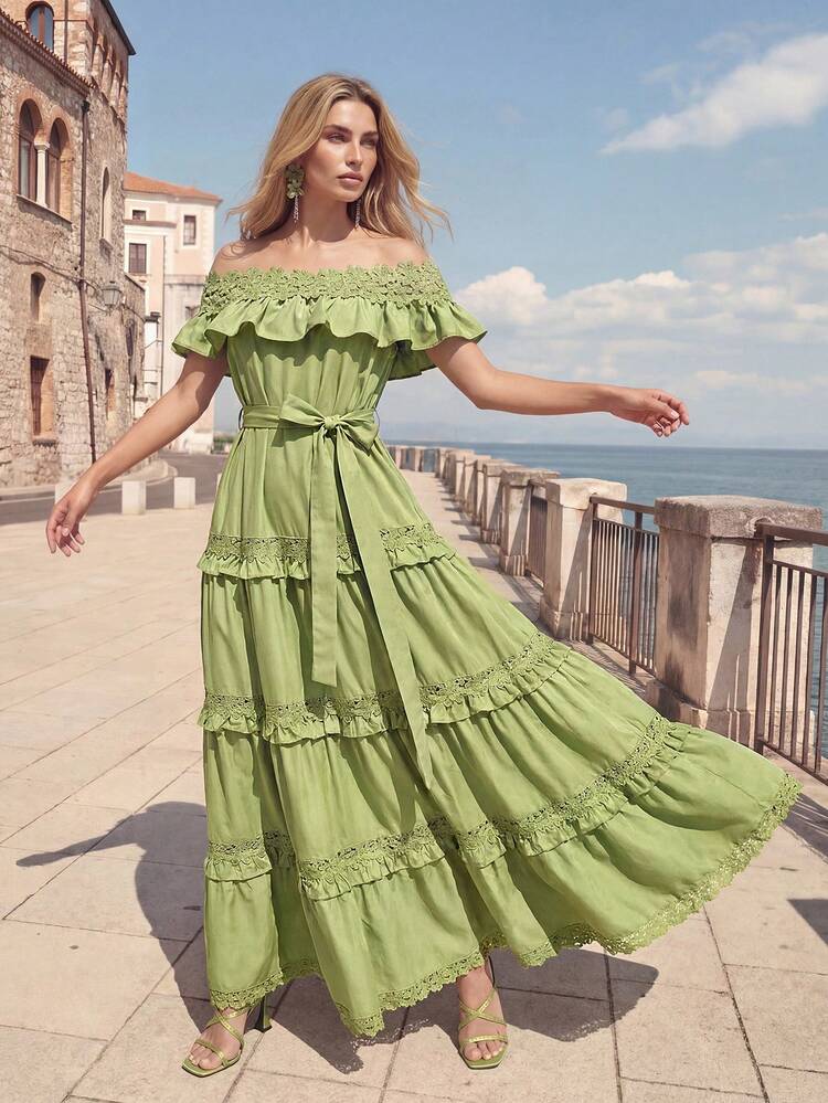 French Palace Style Elegant Green Off-Shoulder Ruffle Layered Tie-Up Hollow Out Women Dress