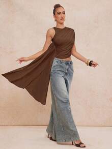 Lumalex Nueva blusa corta con mangas asimétricas fruncidas y ribete de cinta para primavera/verano - Marrón Mocha - Ver 9