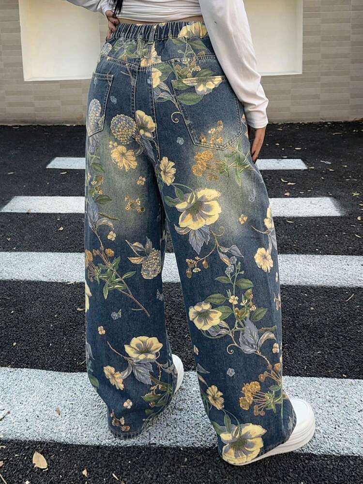 Dazy Plus Floral Print Straight Leg Long Plus Size Women Jeans
