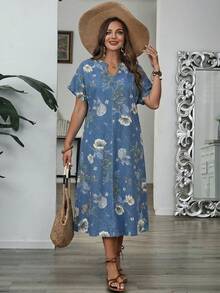 EMERY ROSE Mature Denim Đầm denim cổ chữ V in họa tiết dành cho nữ cỡ lớn - Nhiều màu - Xem 4