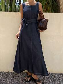 DAZY Women's Casual Washed Waist Belt Square Neck Sleeveless Slit Denim Dress, Summer - Dark Wash - View 6