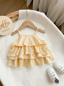 Baby Girl Cute Sweet Vacation Style Multi-Layer Ruffle Schiffy Camisole Top, Summer - Mustard Yellow - View 8