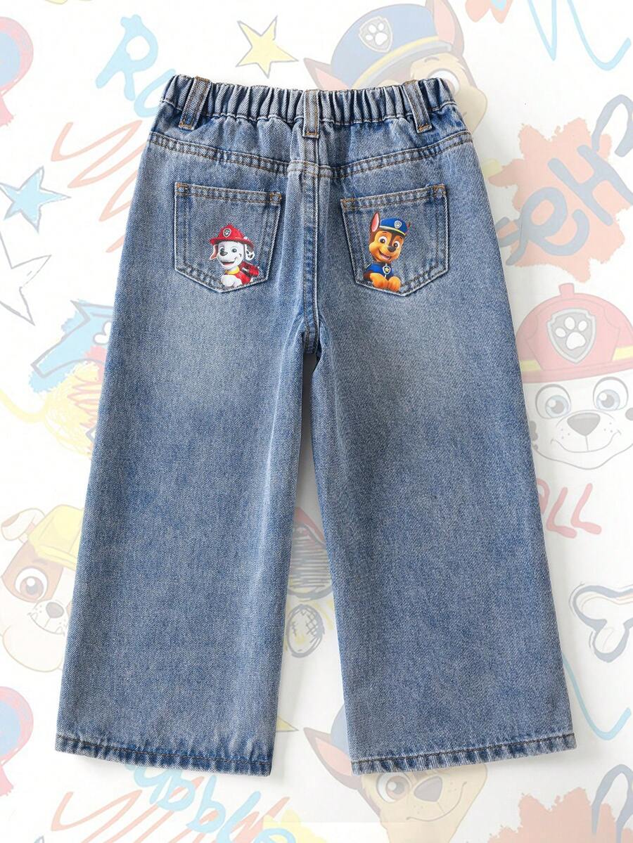 SHEIN | PAW Patrol Quần jean denim dáng ngắn, dễ thương, đa năng, có túi và khóa kéo, in hình chữ cái và chú cún con dành cho bé trai. - Màu xanh lam - Xem 1