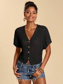 Travachic Women's Fashion Versatile Vacation Crochet Metallic Button Decor Knit Top - Black - View 4