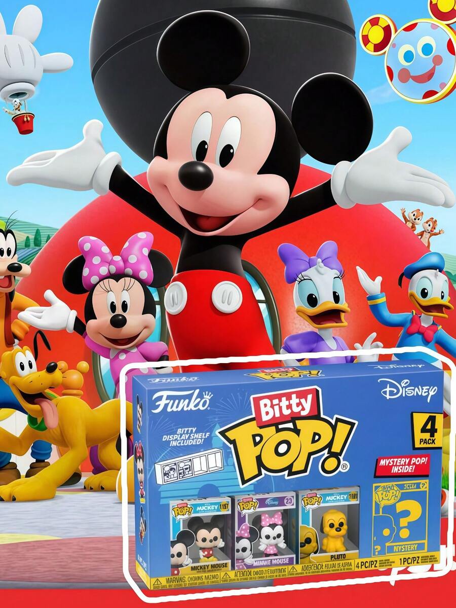 Funko Bitty Mini Vinyl Figure 4 Packs Collectible Set, Classic Cartoon Mouse, Bow-Wearing Mouse, Yellow Puppy And Mystery Character, Micro Size Display Figures With Shelf Case, Cute Desktop Decoration Gift Idea - Multicolor - View 1