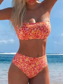 Swim Mod Set Bikini Segitiga Pinggang Tinggi dengan Tali Bahu Tipis yang Dapat Dilepas, Motif Bunga Acak Lucu untuk Liburan Musim Panas Wanita - MultiWarna - View 2