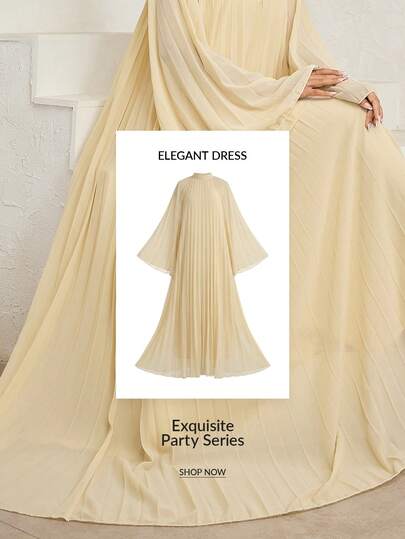 Veilorie Women's Solid Color Mock Neck Pleated Flare Sleeve Arabic Style Dress