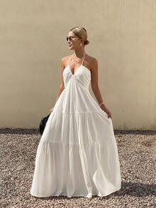 DAZY Vestido ajustado de cintura sólida con línea A, vestido casual de playa de verano con cuello halter y espalda descubierta para mujeres, vestidos bohemios de sol para vacaciones de mujeres - Blanco - Ver 7