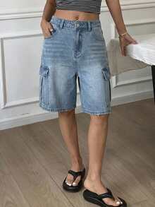 DAZY Shorts vaqueros de estilo casual y suelto con efecto desgastado al estilo vaquero para mujer, shorts de mezclilla de estilo Y2K para primavera/verano - Azul - Ver 3