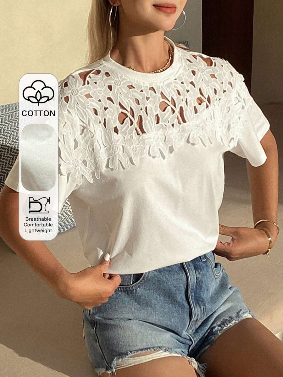 DAZY Women's Contrast Lace Loose Short Sleeve Round Neck Casual Vacation Summer Top - White - View 1