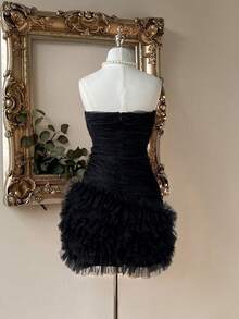 Lovelzi Elegant & Luxurious Black Mesh Handmade Ruffle Decor Bustier Bubble Hem Bodycon Mini Party Dress - Black - View 2