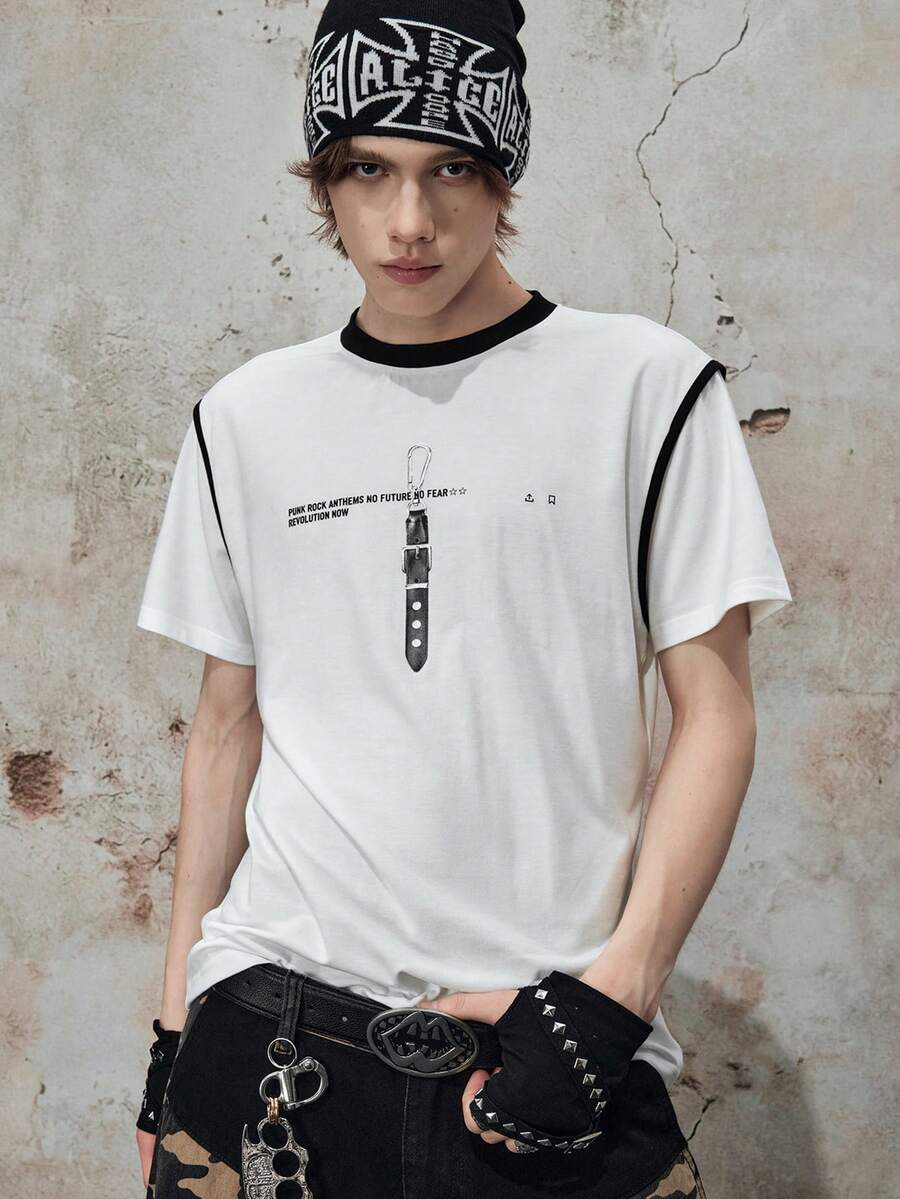 ROMWE MEN Street Life Men's Minimalist Graphic Round Neck T-Shirt - White - View 1
