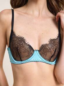 Hourtrue Bộ đồ lót nữ thời trang, thanh lịch, gợi cảm, thiết kế tối giản với ren hoa và satin tương phản, bộ áo ngực kiểu Pháp duyên dáng dành cho người trưởng thành (có gọng), bộ đồ lót lãng mạn dành cho cặp đôi. - Màu xanh Bạc hà - Xem 5