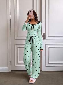 Napfluff Bộ đồ ngủ nữ dài tay và quần in họa tiết chấm bi, kiểu dáng thường ngày. - màu xanh lá - Xem 4