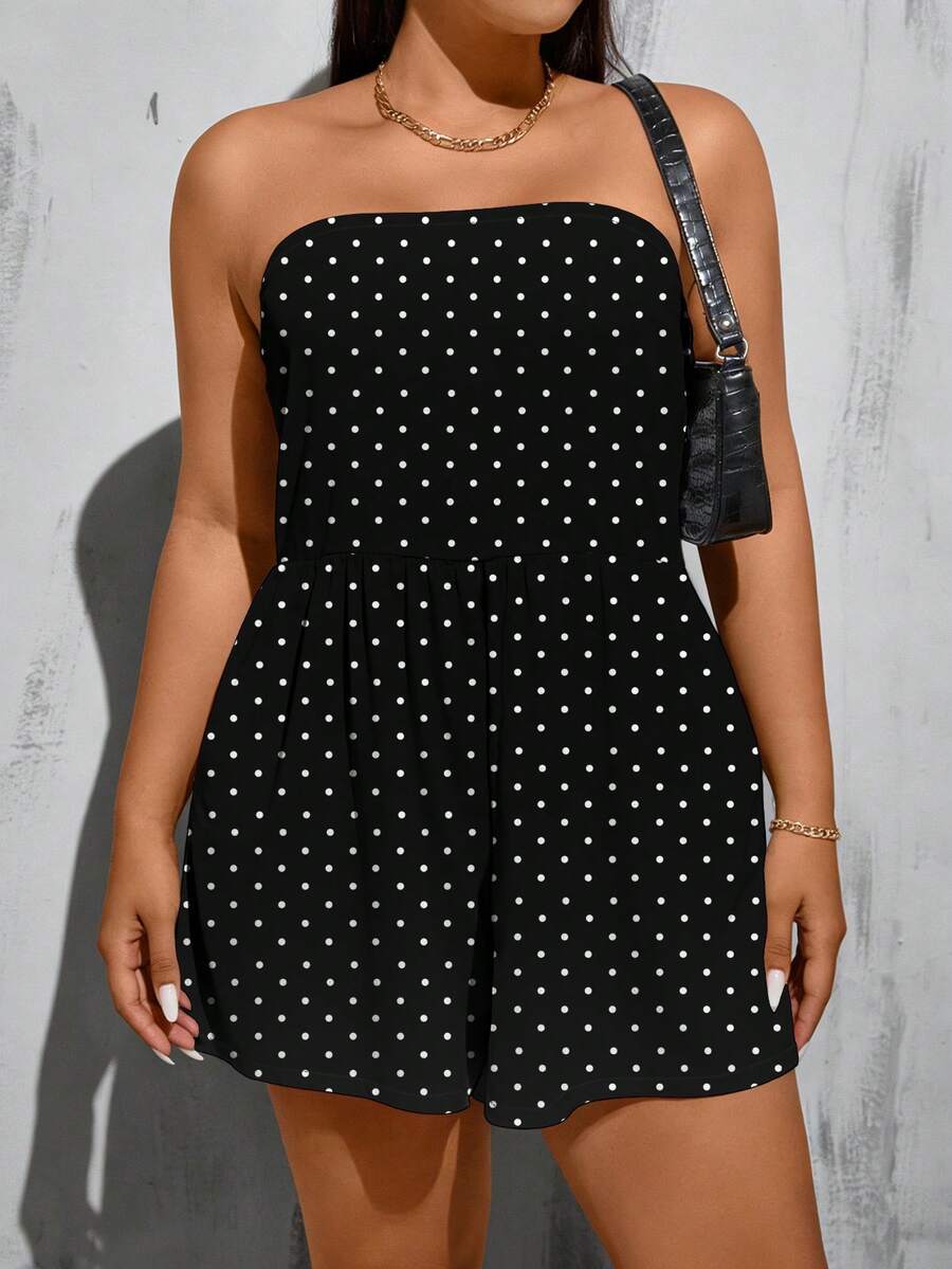 SHEIN Essnce Bộ áo liền quần cỡ lớn màu đen, kiểu dáng tối giản, retro, in họa tiết chấm bi, gồm áo ống và quần short. - Nhiều màu - Xem 1
