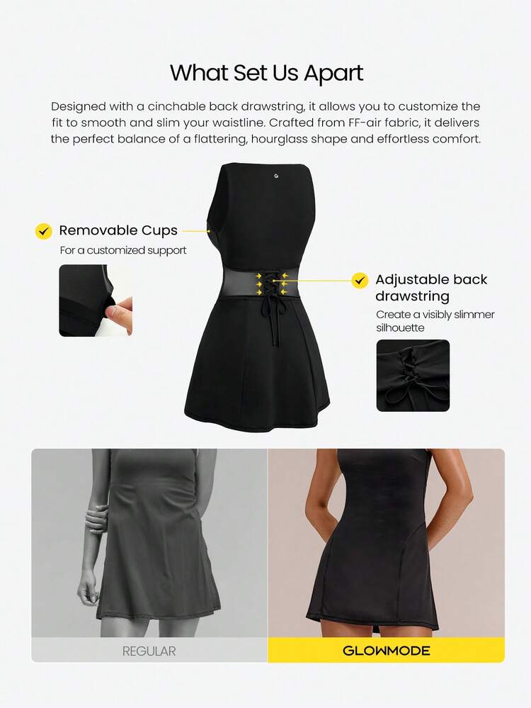 Sporty Knit Sunshine Ready Removable Cups Pockets Back Drawstring Waist Boatneck Strapless Tennis Dress With Anti-Slip Built-In Shorts Tennis Golf Pickleball Daily Casual Wear