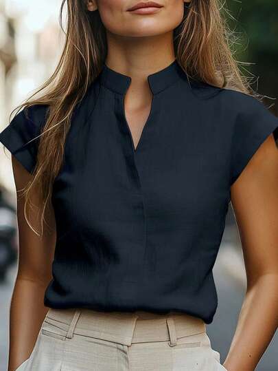 EMERY ROSE Women's Casual Everyday Commute Minimalist Solid Color Notch Neck Cap Sleeve Top, Summer