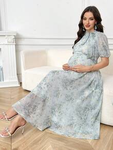 SHEIN 夏季孕妇优雅印花花瓣袖连衣裙 - 彩色 - 查看 5