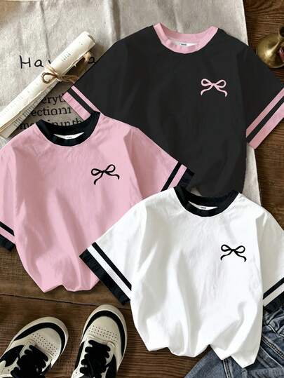 少女 SS26 夏季三件套 T 恤套装，休闲舒适时尚撞色袖口和领口蝴蝶结印花短袖圆领上衣，适合派对、家庭、运动、学校等场合。