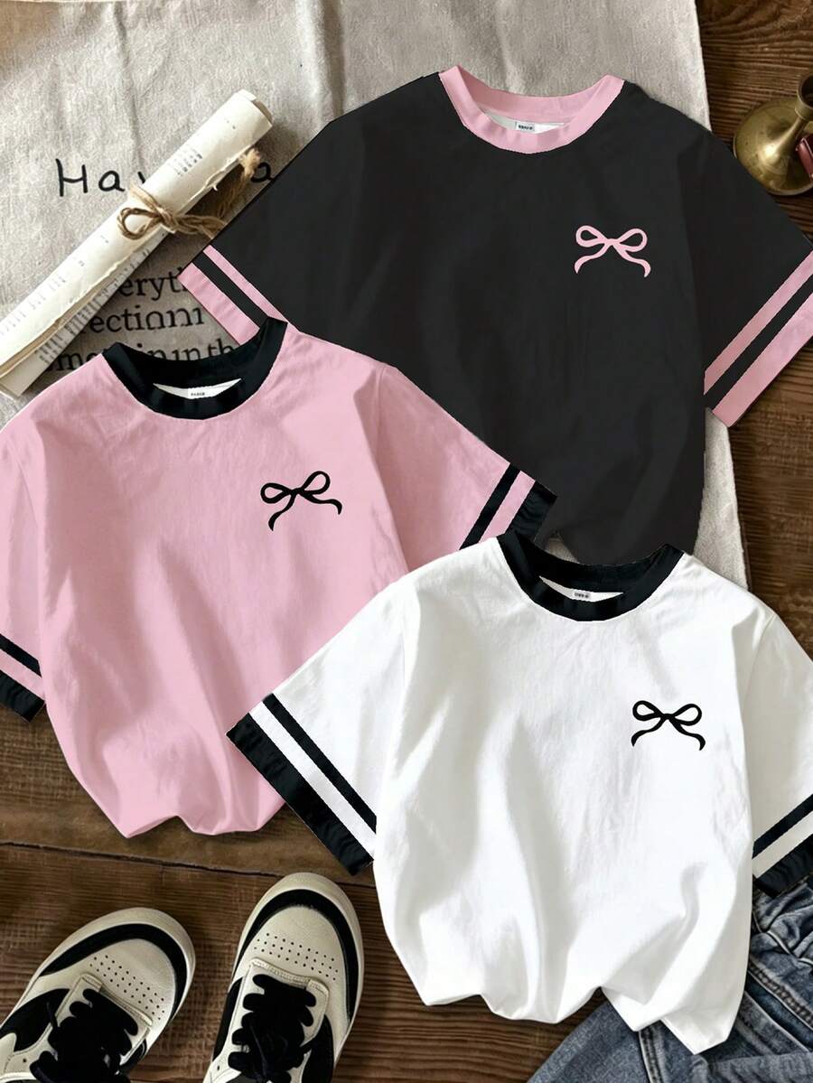 少女 SS26 夏季三件套 T 恤套装,休闲舒适时尚撞色袖口和领口蝴蝶结印花短袖圆领上衣,适合派对、家庭、运动、学校等场合。 - 彩色 - 查看 1