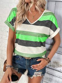 EMERY ROSE Color Block Striped Batwing Sleeve Casual Basic T-Shirt Graphic Tees Women Tops Golf White Summer - Multicolor - View 3