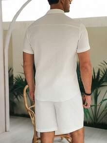VENTUSAIL Men's Solid Color Shoulder Casual Front Button Short Sleeve Shirt Set, Summer, Holiday - White - View 2